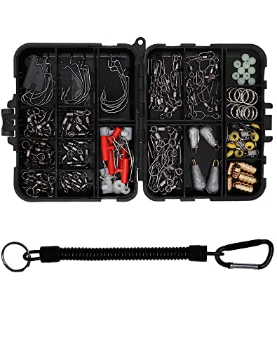 Fishing Accessories Kit with Hooks Bass Casting Sinkers Fishing Swivels Snaps Sinker Slides Fishing Line Beads Fishing Set with Tackle Box Lanyard