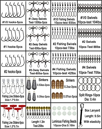 Fishing Accessories Kit with Hooks Bass Casting Sinkers Fishing Swivels Snaps Sinker Slides Fishing Line Beads Fishing Set with Tackle Box Lanyard