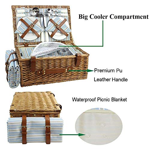 HappyPicnic Wicker Picnic Basket Set for 4 Persons | Large Willow Hamper with Large Insulated Cooler Compartment, Free Waterproof Blanket and Cutlery Service Kit-Classical Brown