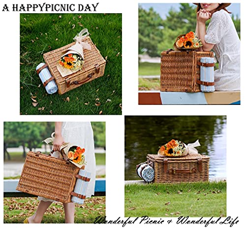 HappyPicnic Wicker Picnic Basket Set for 4 Persons | Large Willow Hamper with Large Insulated Cooler Compartment, Free Waterproof Blanket and Cutlery Service Kit-Classical Brown