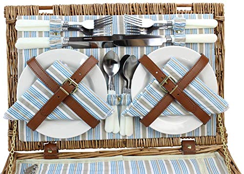 HappyPicnic Wicker Picnic Basket Set for 4 Persons | Large Willow Hamper with Large Insulated Cooler Compartment, Free Waterproof Blanket and Cutlery Service Kit-Classical Brown