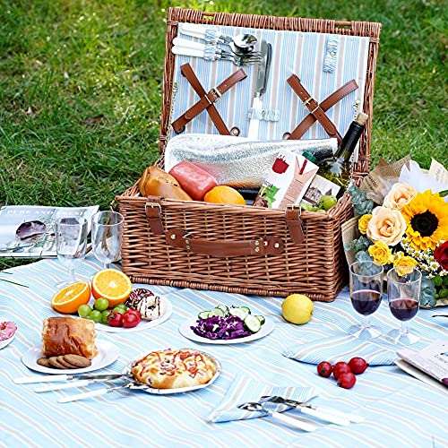 HappyPicnic Wicker Picnic Basket Set for 4 Persons | Large Willow Hamper with Large Insulated Cooler Compartment, Free Waterproof Blanket and Cutlery Service Kit-Classical Brown