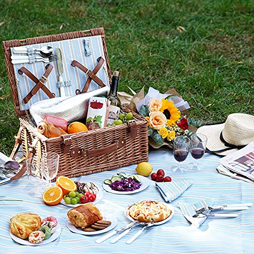 HappyPicnic Wicker Picnic Basket Set for 4 Persons | Large Willow Hamper with Large Insulated Cooler Compartment, Free Waterproof Blanket and Cutlery Service Kit-Classical Brown