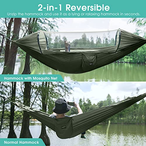 G4Free Large Camping Hammock with Mosquito Net 2 Person Pop-up Parachute Lightweight Hanging Hammocks Tree Straps Swing Hammock Bed for Outdoor Backpacking Backyard Hiking