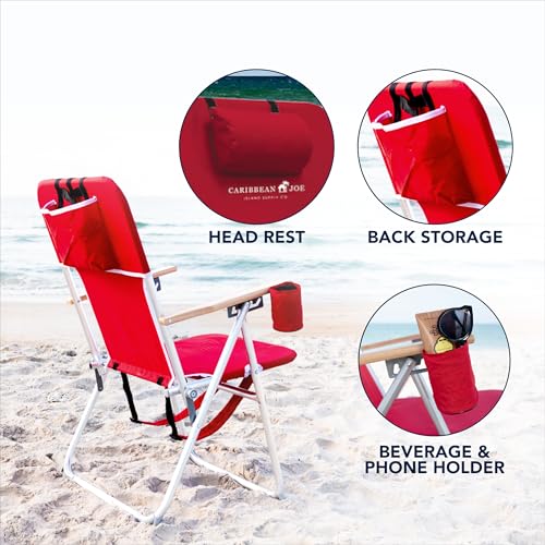 Caribbean Joe Folding Beach Chair, 4 Position Portable Backpack Foldable Camping Chair with Headrest, Cup Holder, and Wooden Armrests