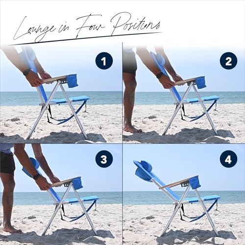 Caribbean Joe Folding Beach Chair, 4 Position Portable Backpack Foldable Camping Chair with Headrest, Cup Holder, and Wooden Armrests