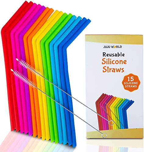 15 FITS ALL TUMBLERS STRAWS - Reusable Silicone Straws for 30 and 20 oz Yeti - Flexible Easy to Clean + 2 Cleaning Brushes - BPA Free, No Rubber Taste Drinking - Best Value for Money Pack