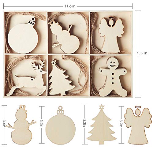 MACTING 30pcs Unfinished Wood Christmas Ornaments with Holes, Christmas Hanging Decorations for Kid's DIY Gift Craft Xmas Tree, 6 Shapes-Angel, Deer, Ball, Doll, Snowman, Tree