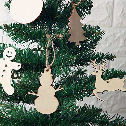 MACTING 30pcs Unfinished Wood Christmas Ornaments with Holes, Christmas Hanging Decorations for Kid's DIY Gift Craft Xmas Tree, 6 Shapes-Angel, Deer, Ball, Doll, Snowman, Tree