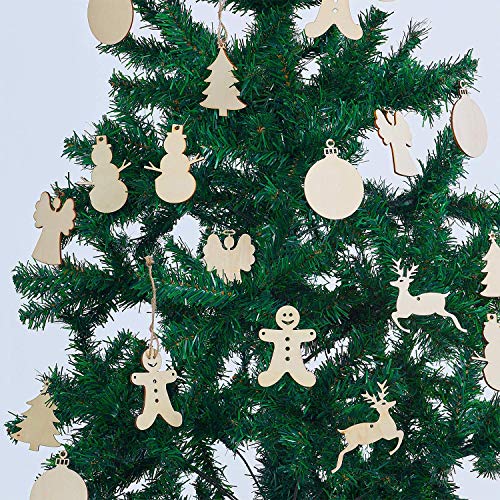 MACTING 30pcs Unfinished Wood Christmas Ornaments with Holes, Christmas Hanging Decorations for Kid's DIY Gift Craft Xmas Tree, 6 Shapes-Angel, Deer, Ball, Doll, Snowman, Tree