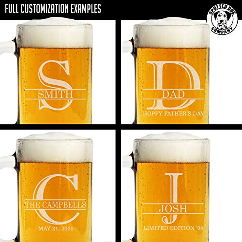 Personalized Laser Etched Glass Beer Mug for Gifting (16oz) – Customizable Monogram and Text Beer Mugs with Handles - Modern, Tankard Style Mugs for Beer - Novelty Beer Gifts for Men Halpert