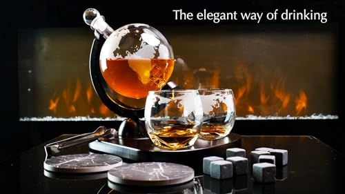 Father's Day Whiskey Decanter Globe Set with 2 Etched Globe Whisky Glasses | Whiskey Stones, Ice Tong, Coasters, Funnel - Gifts For Men Dad, Husband - Liquor, Bourbon, Scotch, Vodka with a Wood Stand