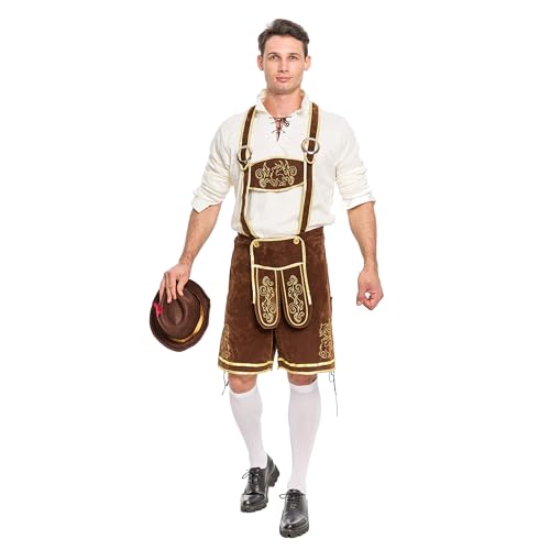 Spooktacular Creations Halloween Men’s Oktoberfest Costume Set, Lederhosen Men with German Bavarian Hat, Beer Costume, Adults Halloween Costumes Brown Outfit for Beer Festival Party (Large)