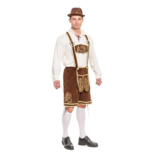 Spooktacular Creations Halloween Men’s Oktoberfest Costume Set, Lederhosen Men with German Bavarian Hat, Beer Costume, Adults Halloween Costumes Brown Outfit for Beer Festival Party (Large)