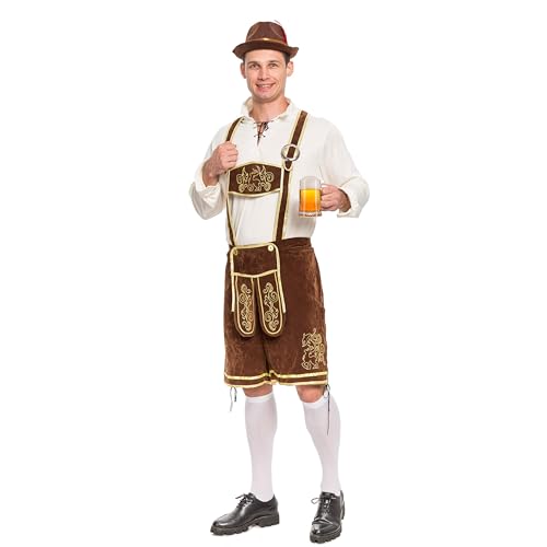 Spooktacular Creations Halloween Men’s Oktoberfest Costume Set, Lederhosen Men with German Bavarian Hat, Beer Costume, Adults Halloween Costumes Brown Outfit for Beer Festival Party (Large)