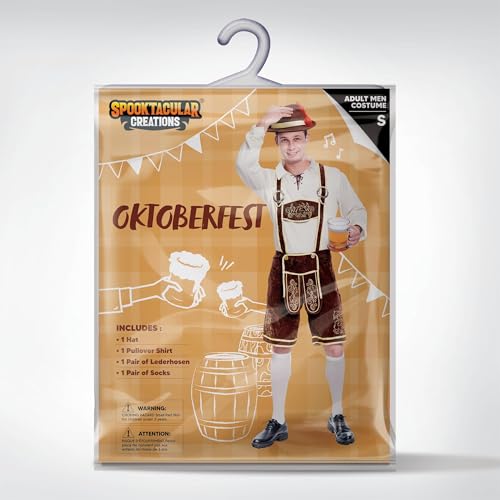 Spooktacular Creations Halloween Men’s Oktoberfest Costume Set, Lederhosen Men with German Bavarian Hat, Beer Costume, Adults Halloween Costumes Brown Outfit for Beer Festival Party (Large)