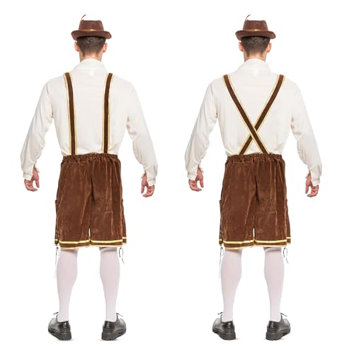 Spooktacular Creations Halloween Men’s Oktoberfest Costume Set, Lederhosen Men with German Bavarian Hat, Beer Costume, Adults Halloween Costumes Brown Outfit for Beer Festival Party (Large)