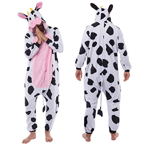 Spooktacular Creations Cow Pajama, Plush Cow Costume One Piece Cow Outfit Hooded, Pink Cow Halloween Costume Sleepwear for Halloween Cosplay Animal Themed Parties(Medium)