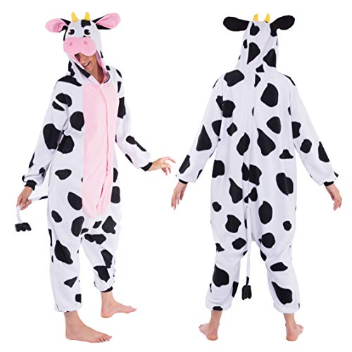 Spooktacular Creations Cow Pajama, Plush Cow Costume One Piece Cow Outfit Hooded, Pink Cow Halloween Costume Sleepwear for Halloween Cosplay Animal Themed Parties(Medium)