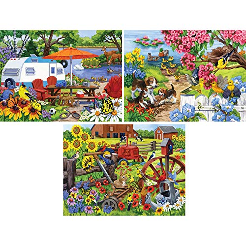 Bits and Pieces - Value Set of Three (3) – 500 Piece Jigsaw Puzzles for Adults – Colorful Flowers Farm and Animal Jigsaws by Artist Nancy Wernersbach – 18" x 24"