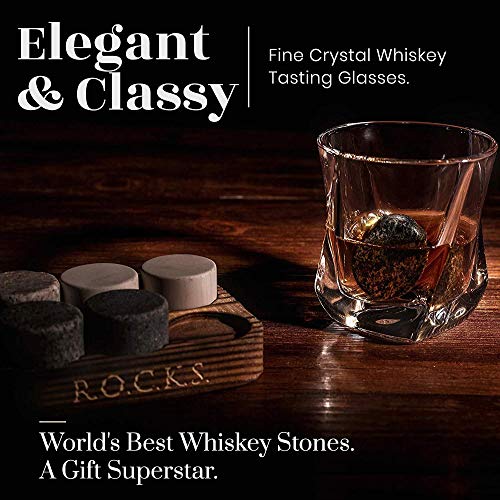 Whiskey Chilling Stones Gift Set - 6 Handcrafted Premium Granite Round Sipping Rocks - 2 Crystal Superior Glasses - Hardwood Presentation & Storage Tray - Elegant Gold Foil Gift Box by R.O.C.K.S.