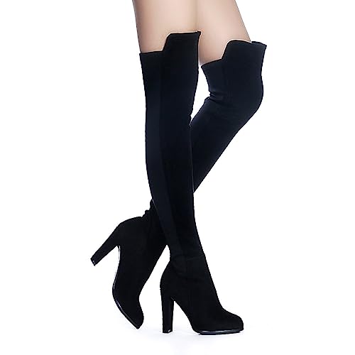 Shoe'N Tale Women Faux Suede Chunky Heel Stretch Over The Knee Thigh High Boots(8,Black)