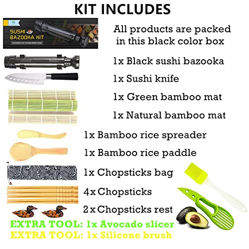 FUNGYAND Sushi Making Kit, All in One Sushi Bazooka Maker with Mats, Bamboo Chopsticks, Avocado Slicer, Paddle, Spreader, Sushi Knife, Chopsticks Holder, Cotton Bag, DIY Roller Machine