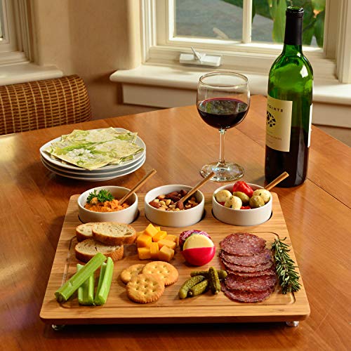 Picnic at Ascot Original Personalized Monogrammed Engraved Bamboo Cutting Board for Cheese & Charcuterie with 3 Ceramic Bowls & Bamboo Spoons- Designed & Quality Checked in The USA