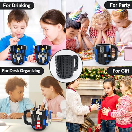 Lumsburry Build-on Brick Coffee Mug, Funny DIY Novelty Cup with Building Blocks Creative for Kids Men Women Xmas Birthday (Cool Black)