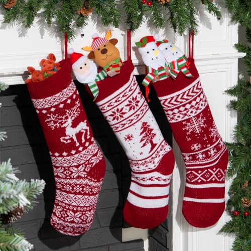 JOYIN 3 Pack 18” Knit Christmas Stockings, Reindeer/Christmas Tree/Snow Flakes Knitted Stocking Decorations for Holiday Tree Decor