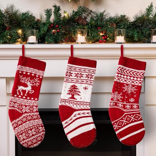 JOYIN 3 Pack 18” Knit Christmas Stockings, Reindeer/Christmas Tree/Snow Flakes Knitted Stocking Decorations for Holiday Tree Decor