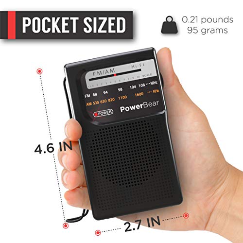 PowerBear Portable Radio | AM/FM, 2AA Battery Operated with Long Range Reception for Indoor, Outdoor & Emergency Use | Radio with Speaker & Headphone Jack (Black)