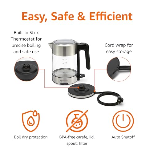 Amazon Basics Electric Kettle, Glass and Steel, Tea Kettle for Boiling Water, With Auto Shut-Off and Boil Dry Protection, 1.7-Liter, Black and Sliver