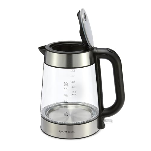 Amazon Basics Electric Kettle, Glass and Steel, Tea Kettle for Boiling Water, With Auto Shut-Off and Boil Dry Protection, 1.7-Liter, Black and Sliver