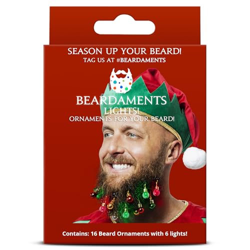 BEARDAMENTS Beard Lights - The Original Light Up Beard Ornaments, 16pc Colorful Christmas Facial Hair Baubles for Men in The Holiday Spirit with Clip for Easy Beard Attachment