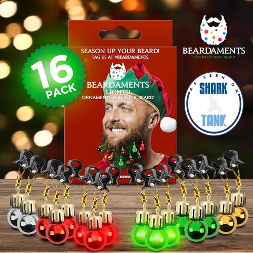 BEARDAMENTS Beard Lights - The Original Light Up Beard Ornaments, 16pc Colorful Christmas Facial Hair Baubles for Men in The Holiday Spirit with Clip for Easy Beard Attachment