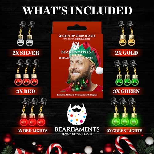 BEARDAMENTS Beard Lights - The Original Light Up Beard Ornaments, 16pc Colorful Christmas Facial Hair Baubles for Men in The Holiday Spirit with Clip for Easy Beard Attachment