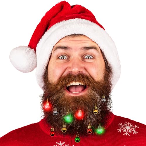 BEARDAMENTS Beard Lights - The Original Light Up Beard Ornaments, 16pc Colorful Christmas Facial Hair Baubles for Men in The Holiday Spirit with Clip for Easy Beard Attachment