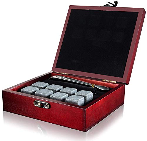 Gift Set of 8 Whiskey Chilling Stones [Chill Rocks] - in Premium Wooden Gift Box with Stainless Steel Tongs and Velvet Carrying Pouch - Made of Pure Soapstone - by Quiseen