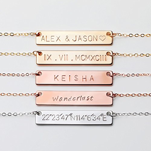 LONAGO Personalized Bar Necklace Engraved Name Bar Pendant Necklace