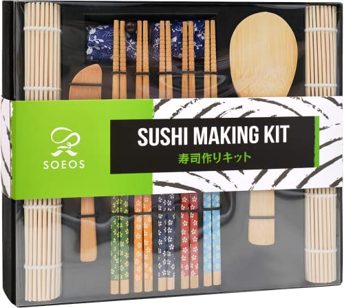 Soeos Beginner Sushi Making Kit, Sushi Making Kit for Beginners with 2 Sushi Rolling Mats, 5 Pairs Chopsticks, 1 Paddle, 1 Spreader, 1 Cotton Bag, Sushi Making Kit Gift Set, Sushi Maker Kit