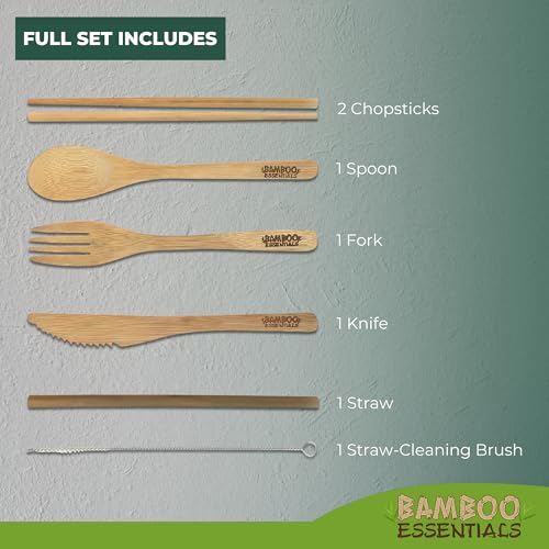 Travel Utensils with Case Set Fork, Knife, Spoon, Chopsticks, Straw, Straw-cleaning brush, Travel Pouch and Carabiner, Excellent For Everyday Use! ((1Set) Summer Green)