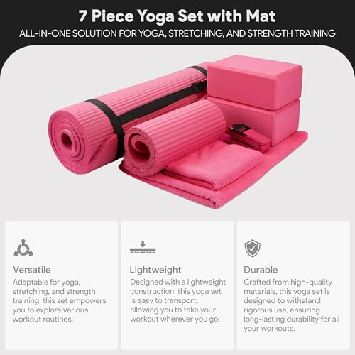 BalanceFrom Fitness 7 Piece Home Gym Yoga Set with 0.5 Inch Thick Yoga Mat, 2 Yoga Blocks, Mat Towel, Hand Towel, Stretch Strap, and Knee Pad, Pink