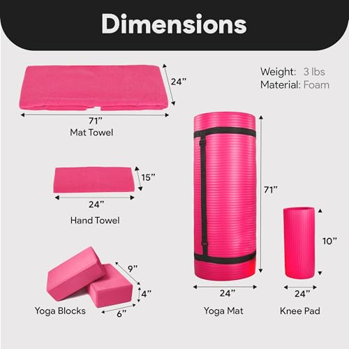 BalanceFrom Fitness 7 Piece Home Gym Yoga Set with 0.5 Inch Thick Yoga Mat, 2 Yoga Blocks, Mat Towel, Hand Towel, Stretch Strap, and Knee Pad, Pink