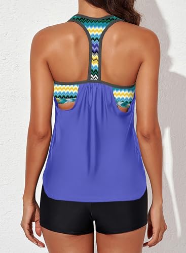 Aleumdr Womens Blouson Striped Printed Push up Strappy T-Back Tankini Top with Shorts(Available in Plus)