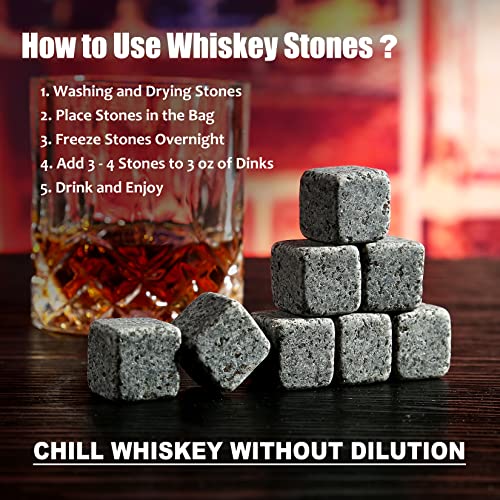 Whiskey Stones Gift Set - Whiskey Glass Set of 2 - Granite Chilling Whiskey Rocks - Scotch Bourbon Box Set - Father's Day Drinking Gifts for Men Dad Him Husband Birthday Party Holiday Present