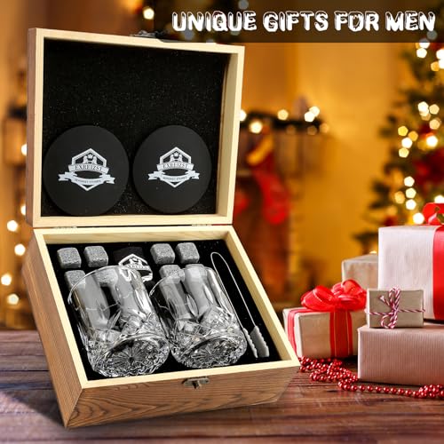 Whiskey Stones Gift Set - Whiskey Glass Set of 2 - Granite Chilling Whiskey Rocks - Scotch Bourbon Box Set - Father's Day Drinking Gifts for Men Dad Him Husband Birthday Party Holiday Present