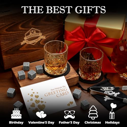 Whiskey Stones Gift Set - Whiskey Glass Set of 2 - Granite Chilling Whiskey Rocks - Scotch Bourbon Box Set - Father's Day Drinking Gifts for Men Dad Him Husband Birthday Party Holiday Present