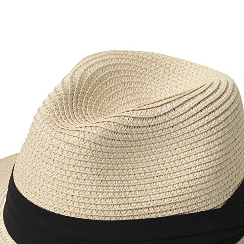 DRESHOW Women Straw Panama Hat Travel Fedora Beach Sun Hat Summer Wide Brim Straw Roll up Hat UPF 50+