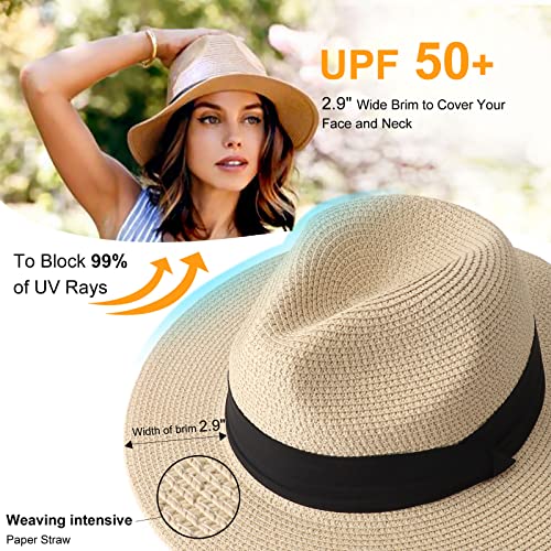 DRESHOW Women Straw Panama Hat Travel Fedora Beach Sun Hat Summer Wide Brim Straw Roll up Hat UPF 50+